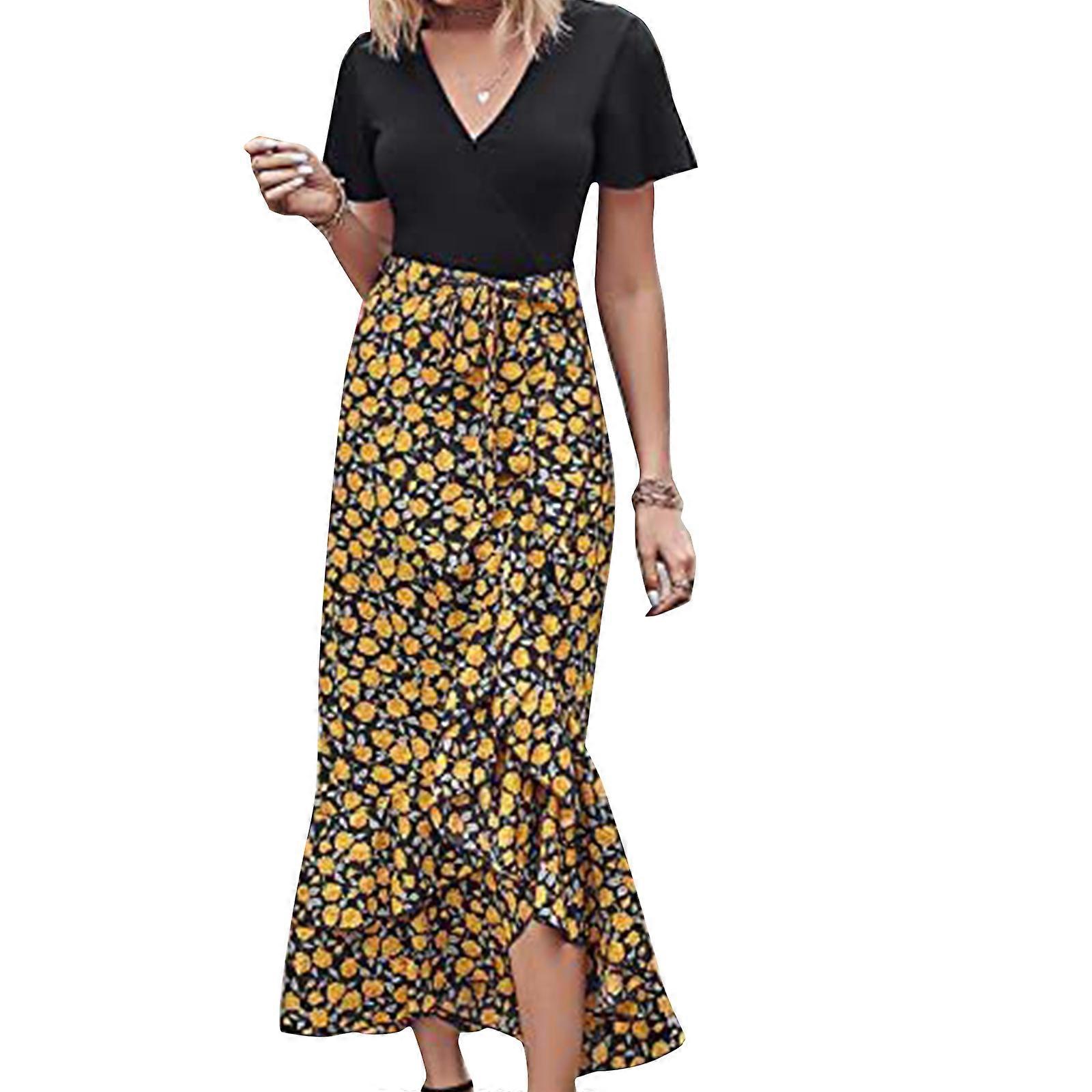 High Waist Flower Printed Midi Long Skirts A-line Shirr Cloth Elegant Style Dresses For Spring Summer 2023 Womens Figure 4 XL
