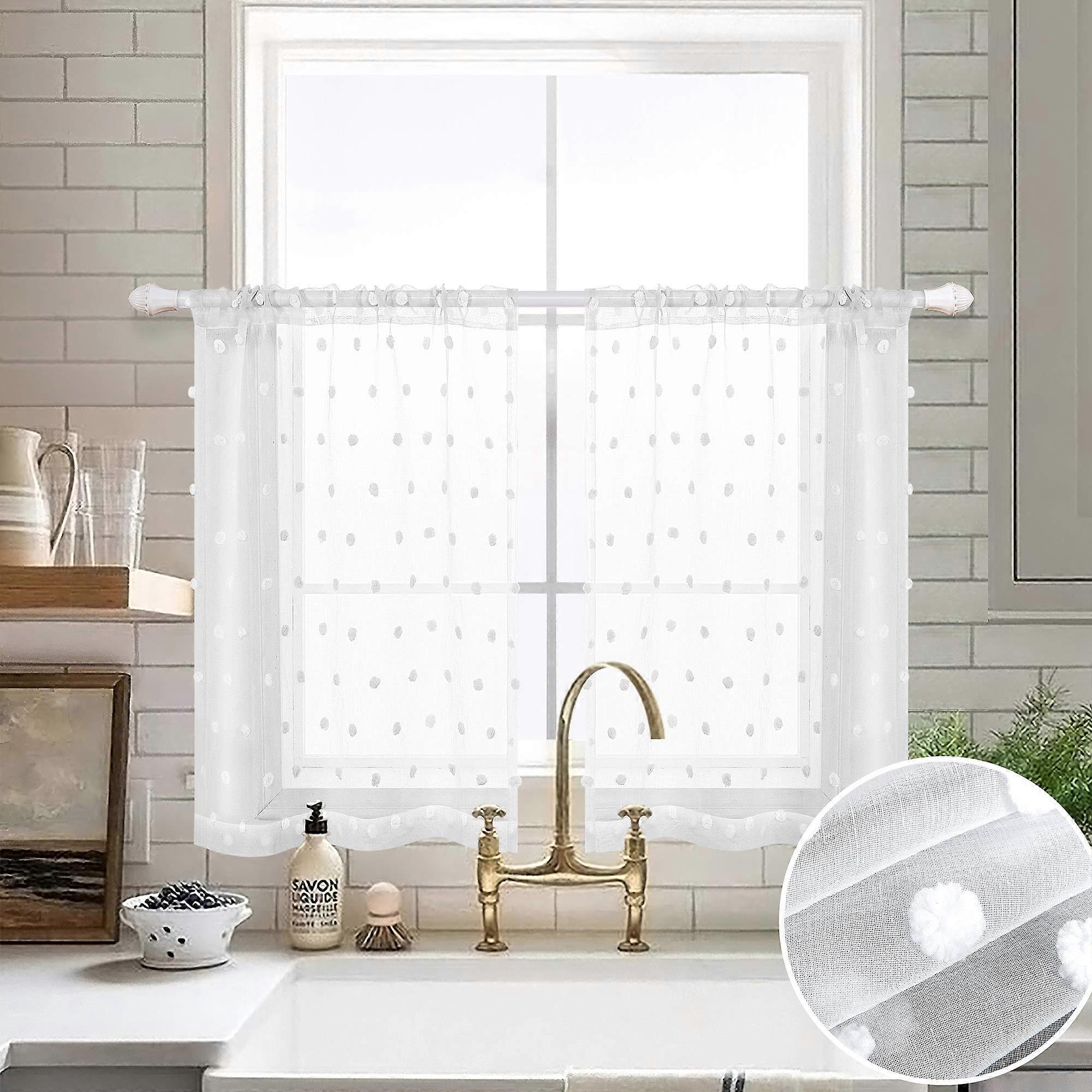 White Short Curta 36 Inch Length Window Kitchen Set 2 Package Transparent Pocket