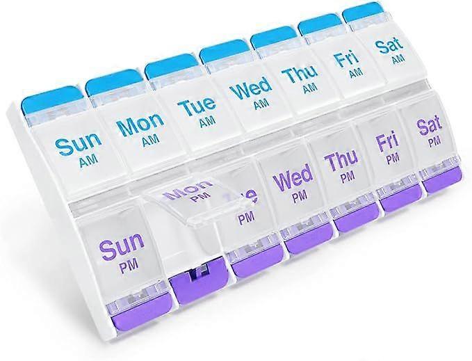 Button (7 Day) Pill Box, Medication Planner, Vitamin Organizer, 2 Daily, AM/PM, Extra Large Compartments, Arthritis Friendly, Clear Lid, Purple and Bl
