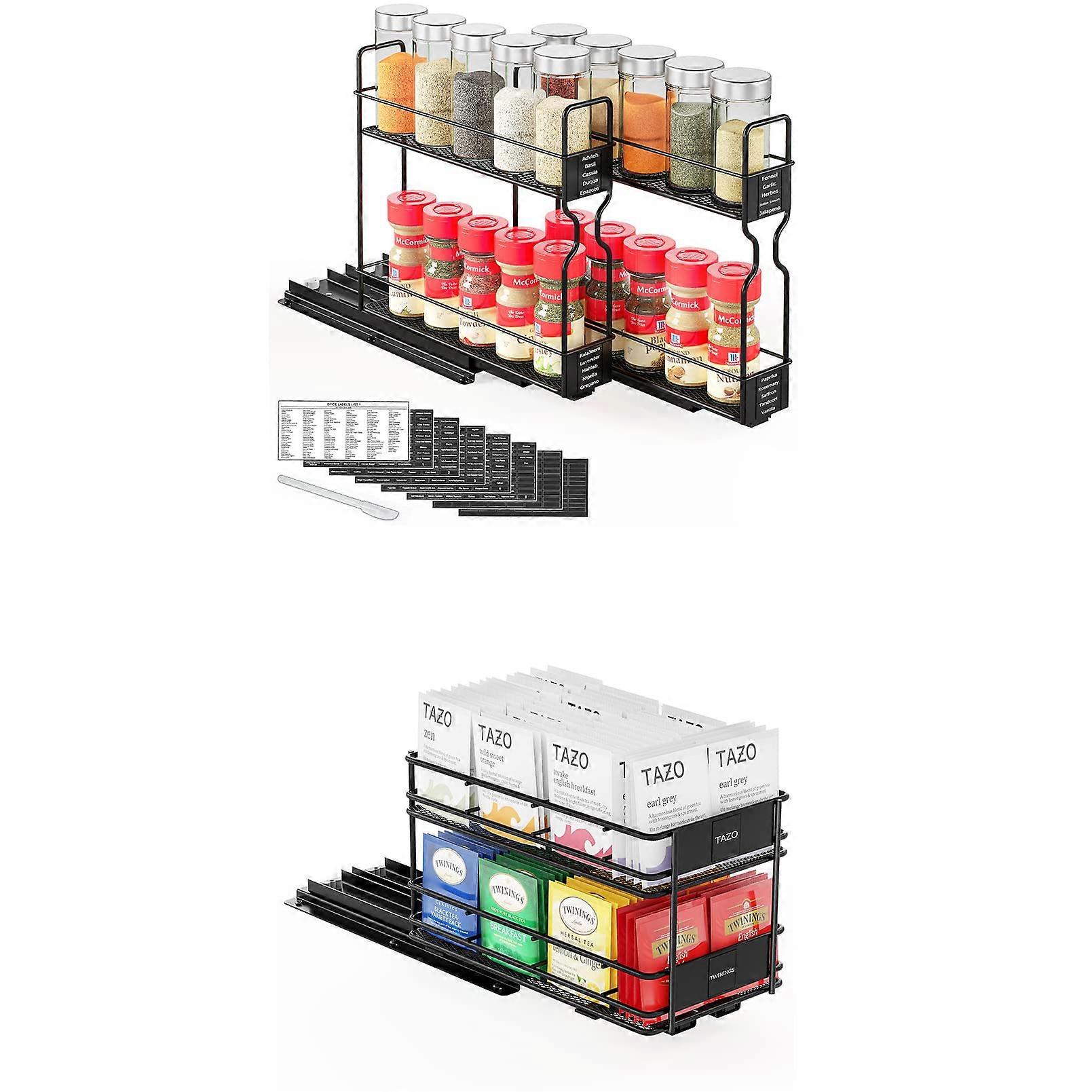 Pull Out Spice Rack Organizer for Cabinet, 2 Drawers 2Tier, Pull Out Tea Bag Organizer Rack for Cabinet