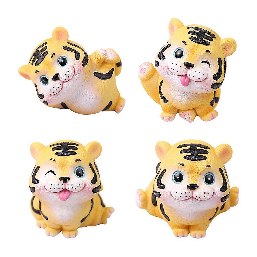 4 Pcs Cute Tigers Resin Statue Crafts Mini Animal for Doll Figurines Sculpture Tabletop Ornaments for Home Office Automobile Decoration