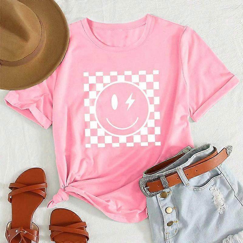 Μόδα Γυναίκες Απλό Τετράγωνο Smiley Πρόσωπο Splicing Εκτύπωση T Shirt Αστεία Casual O-λαιμός Κοντομάνικο T-shirt Καλοκαίρι Γυναικείο μπλουζάκι