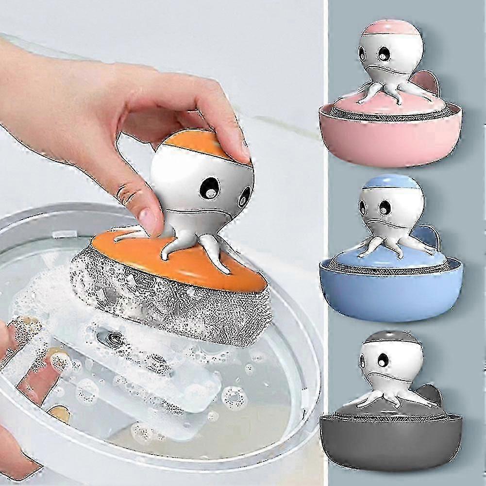 Cepillo para platos Octopus de 9,5 cm con prensa de detergente automático - Naranja