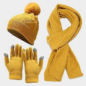 3pcs Women Winter Thick Warm Knit Hat Scarf And Touchscreen Gloves Knitted Set Yo