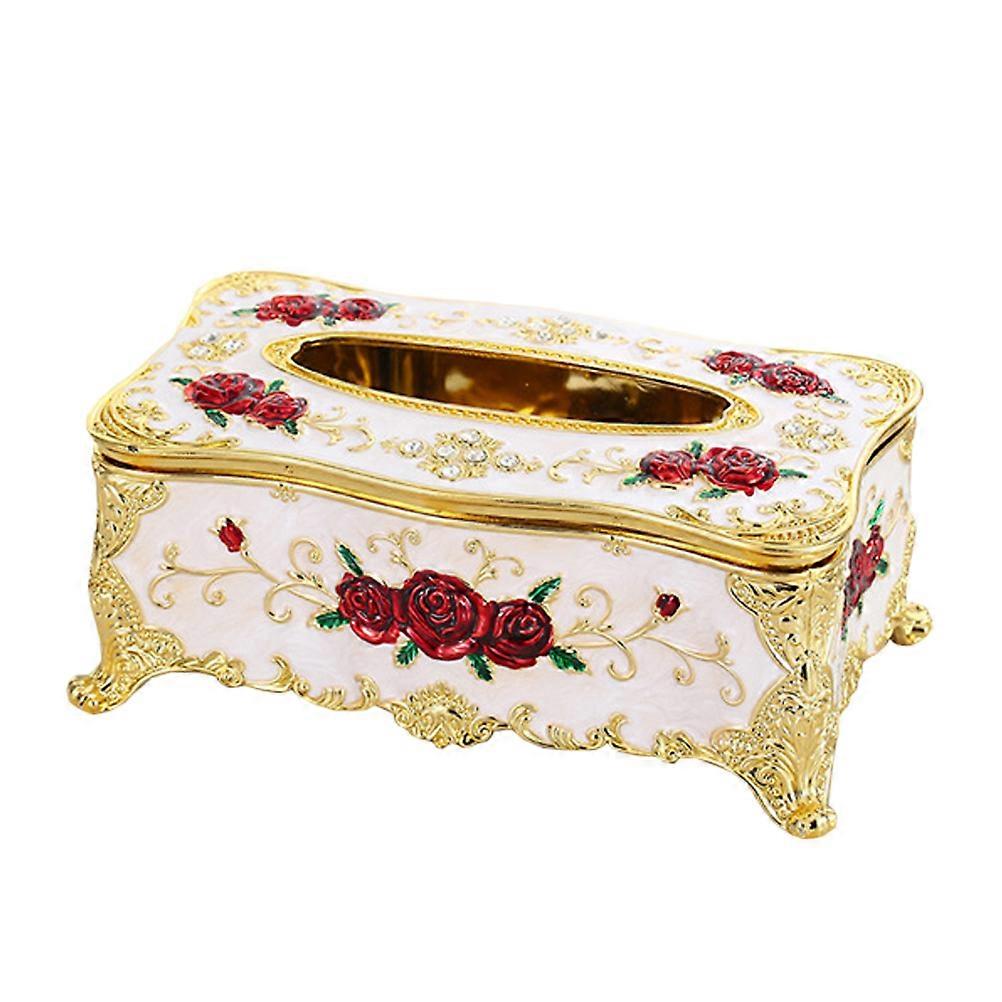 Desktop Tissue Holder Rose Pattern Design Room White Plastic 23*13*9.5cm Paper Storage 1Pack