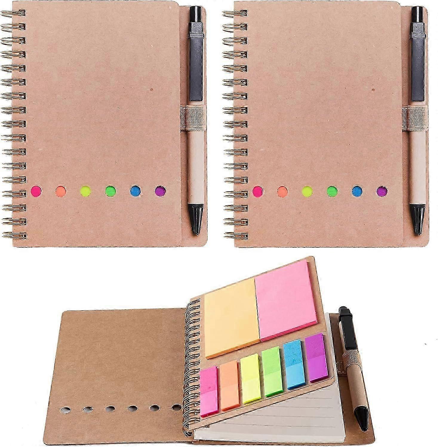 2 Pcs Spiral Notebooks Lined Notepad with Pen in Holder Sticky Notes 4.73"x5.9" Kraft Paper Cover Brown