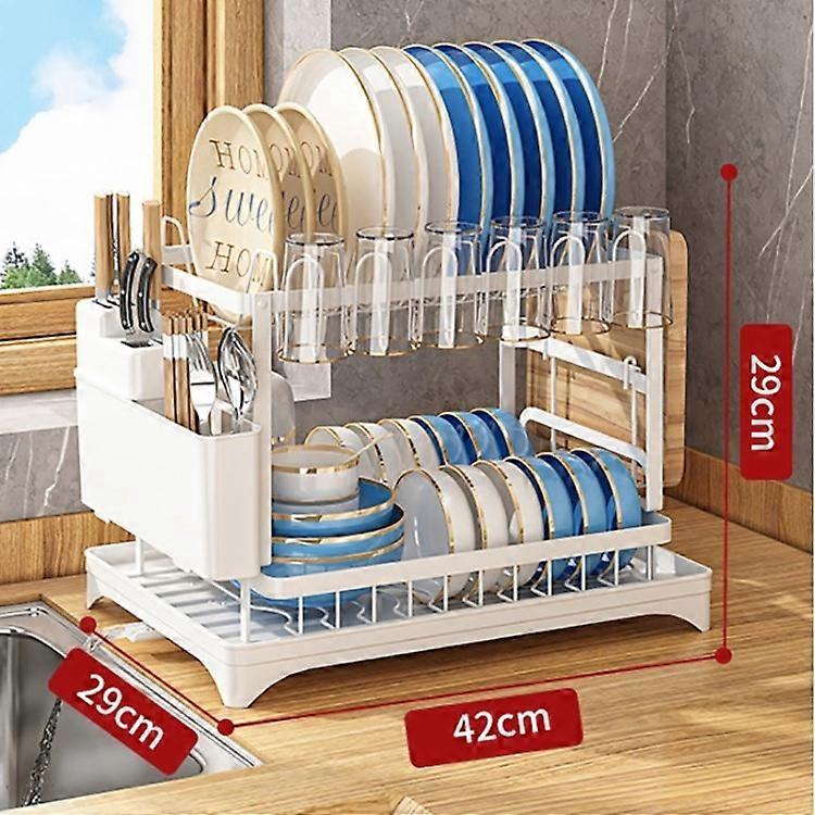 2-Layer Dish Drying Rack Large Capacity Dish Drainer Organizer Cup Holder and Utensil Holder with Dr