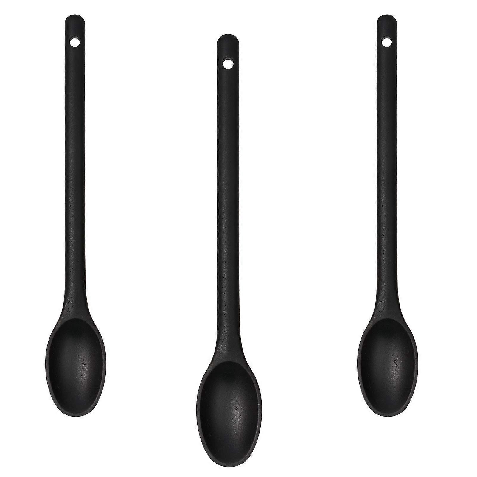 Set of 3 Silicone Cooking Spoons - Heat Resistant Non-Stick Serving Utensils, Long Black Mixing Spoons for Baking