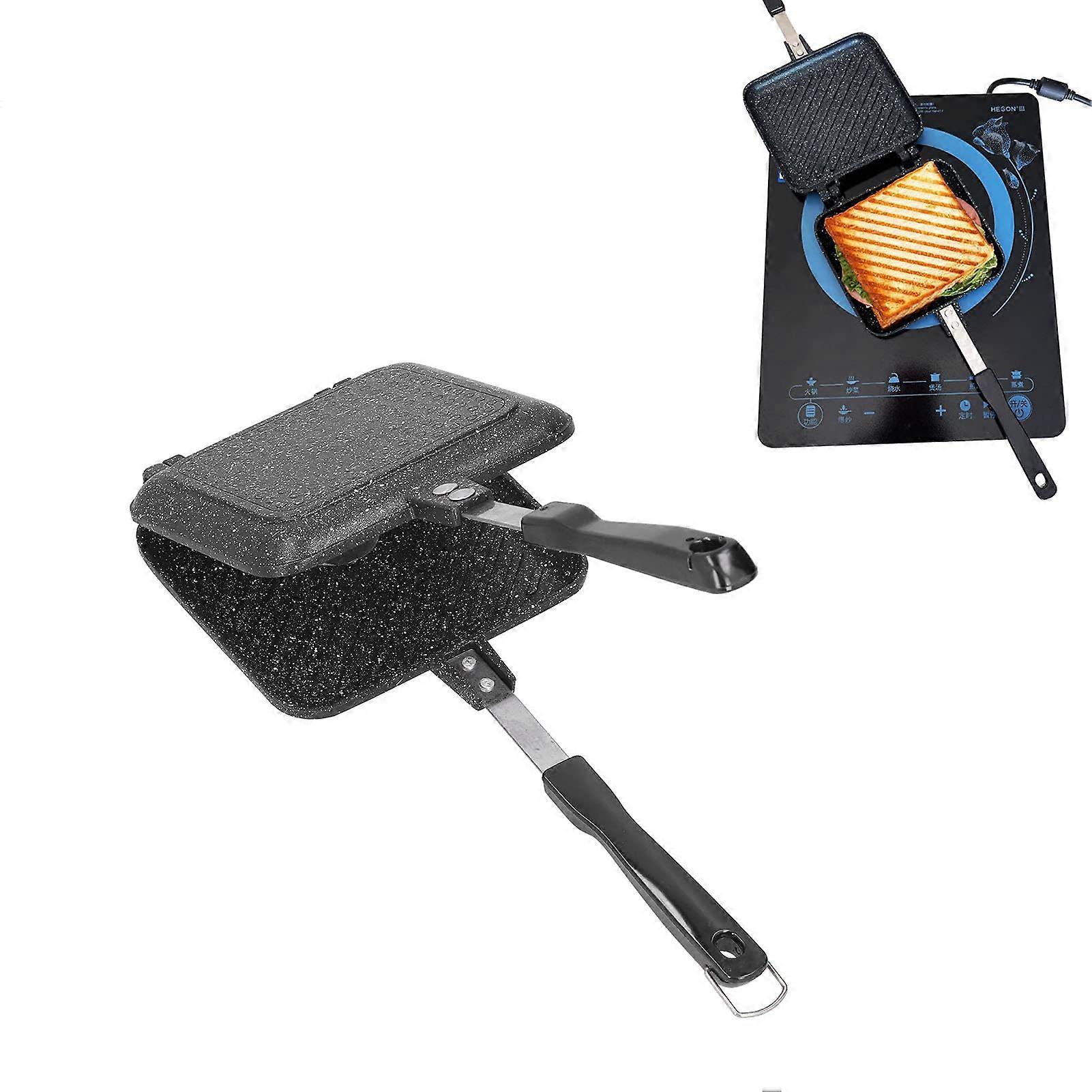 Doublesided sandwich toaster, nonstick coating, portable with heatresistant handles for home and outdoor use.