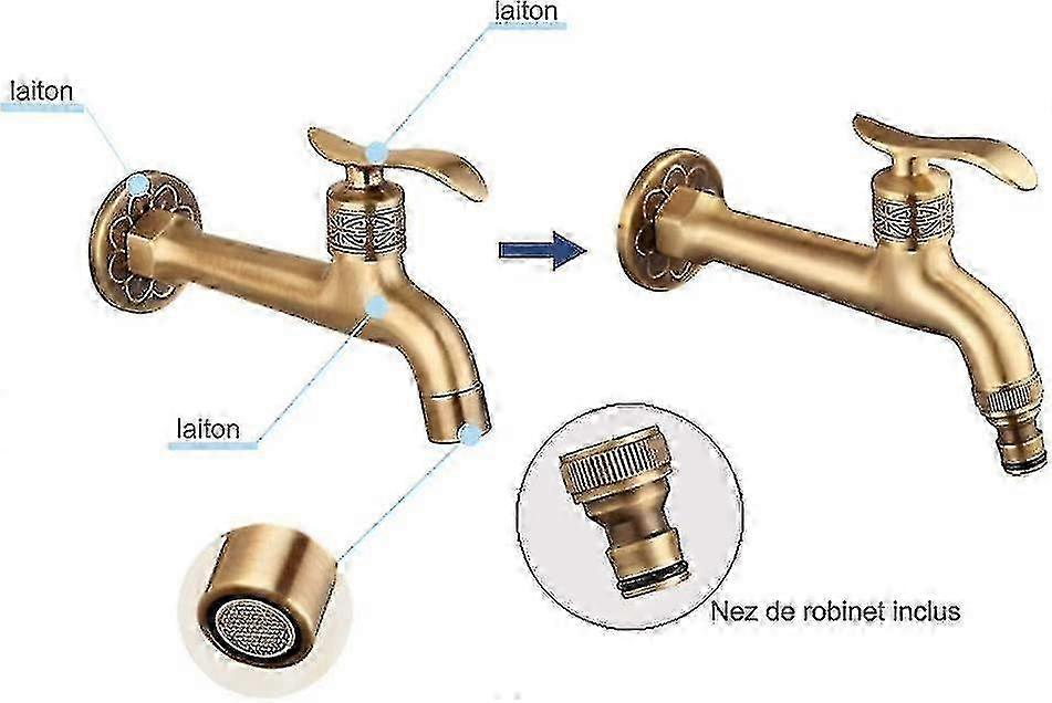 ランドリーバスルームウォールマウント洗濯機屋外ガーデンシングルホース冷水蛇口用アンティーク真鍮蛇口ハンドル
