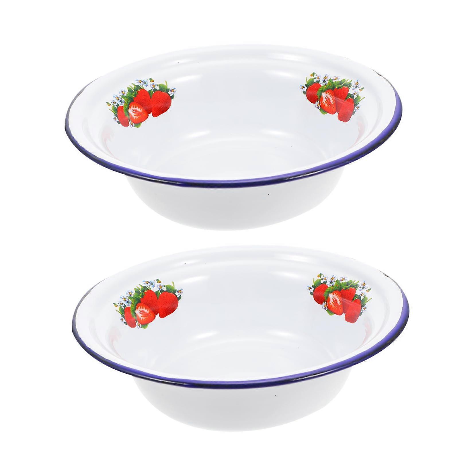 Thickened Enamelled Basin Set of 2 Vintage Floral Pattern Bowls 16.5x16.5x4.5CM for Salad Rice Soup
