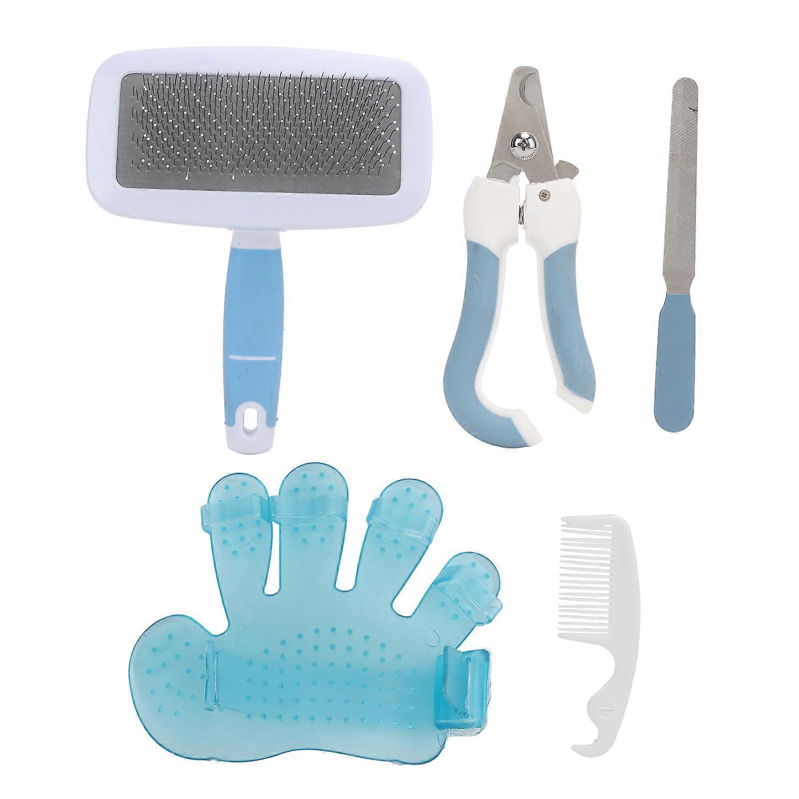 Rabbits Grooming Kit Bath Brush Comb Needle Comb Nail Clipper Nail File Set for Small AnimalL Blue