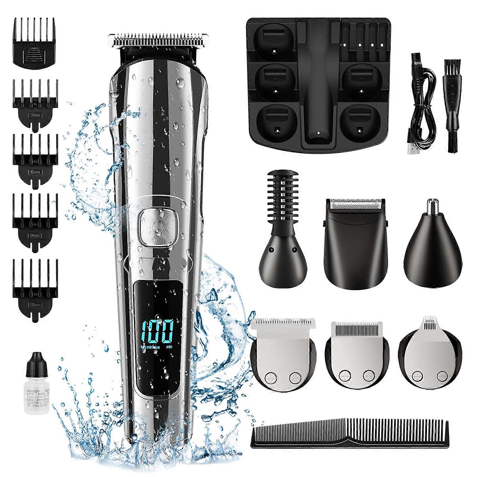 Hair Trimmer Set with T-Blade, 11-in-1 Beard Trimmer, Waterproof Rechargeable Men's Grooming Clippers with LED Display