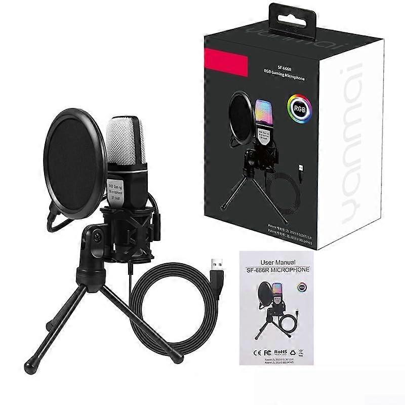 Desktop Noise Reduction Condenser Microphone RGB SevenColour Luminous Microphone Stand Set USB Computer Video Microphone