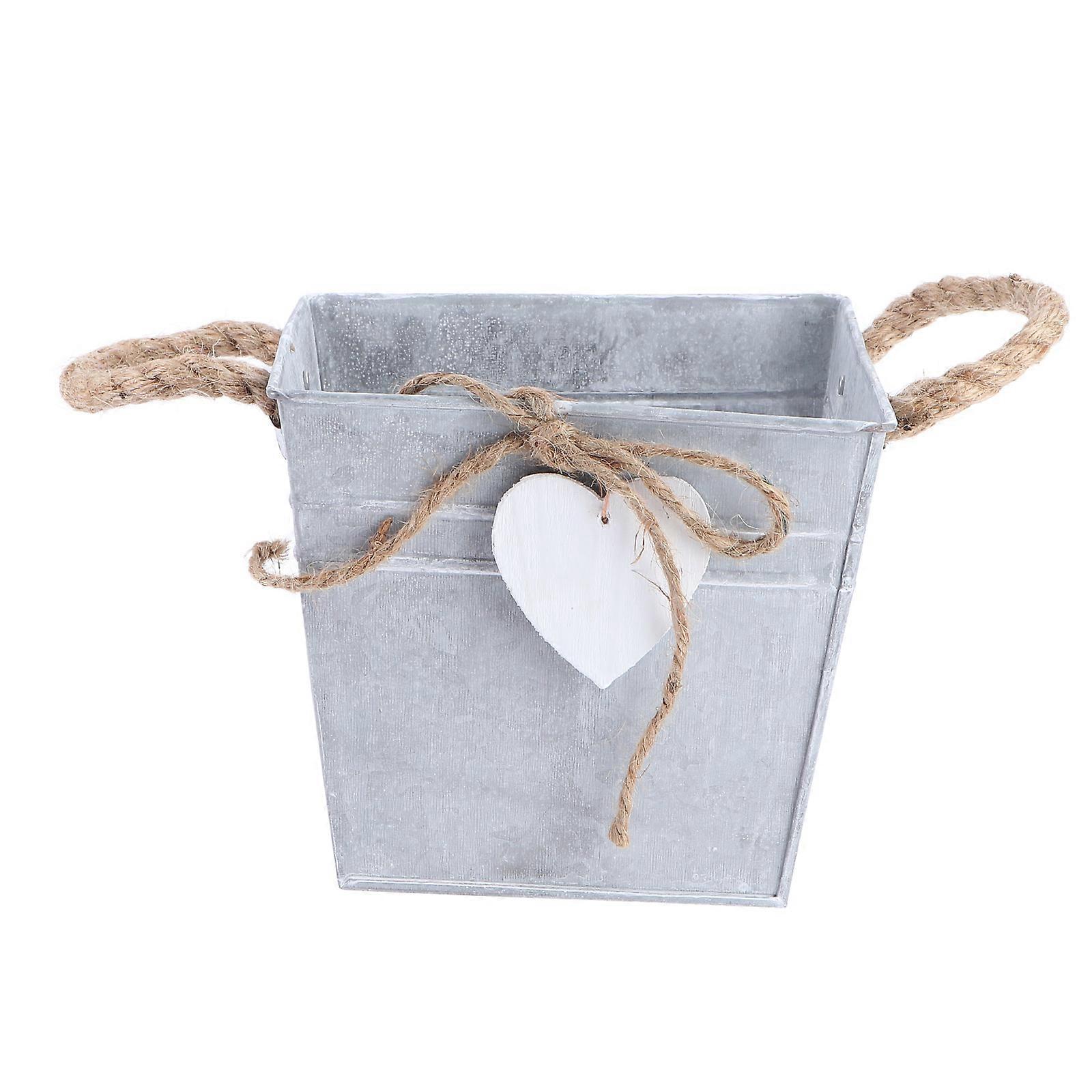 Retro Vintage Garden Planter with Silver Tone Crafted from Durable Iron and Hemp Rope for Storage