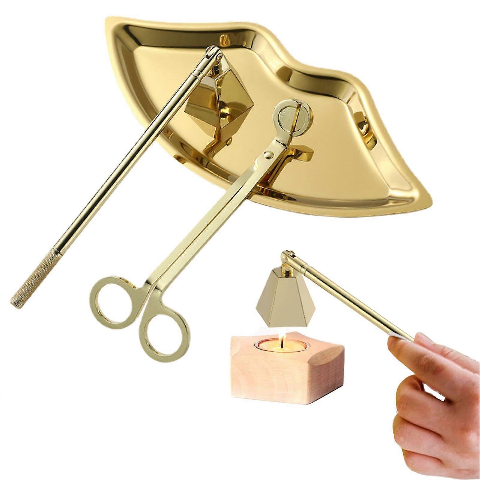 Candle extinguishing set, 2in1, candle accessories, wick trimmer, storage tray, gold