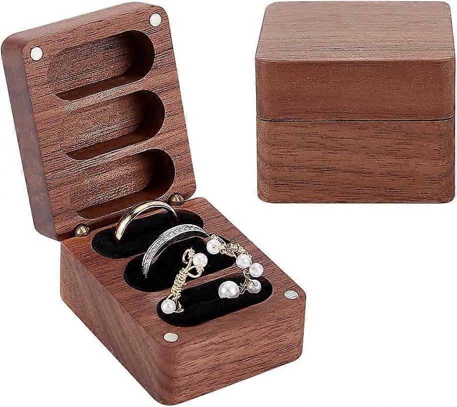 ZENGO Solid Wood Ring Box, 3 Slot Ring Box with Clasps and Black Velvet Inside Solid Ring Holder Rectangle Wooden Ring Case Box