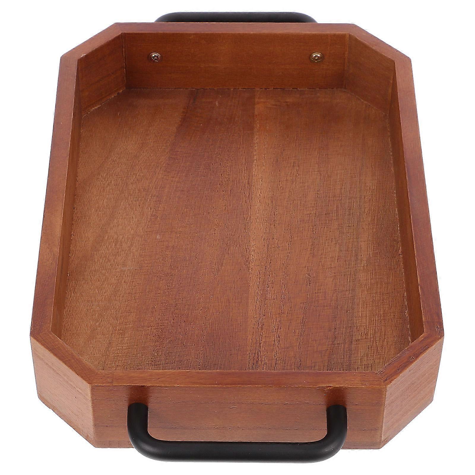 Wooden Tray for Serving Food with Iron Handles Coffee Color Large Capacity for Daily Use 12.5 x 8.3 inches