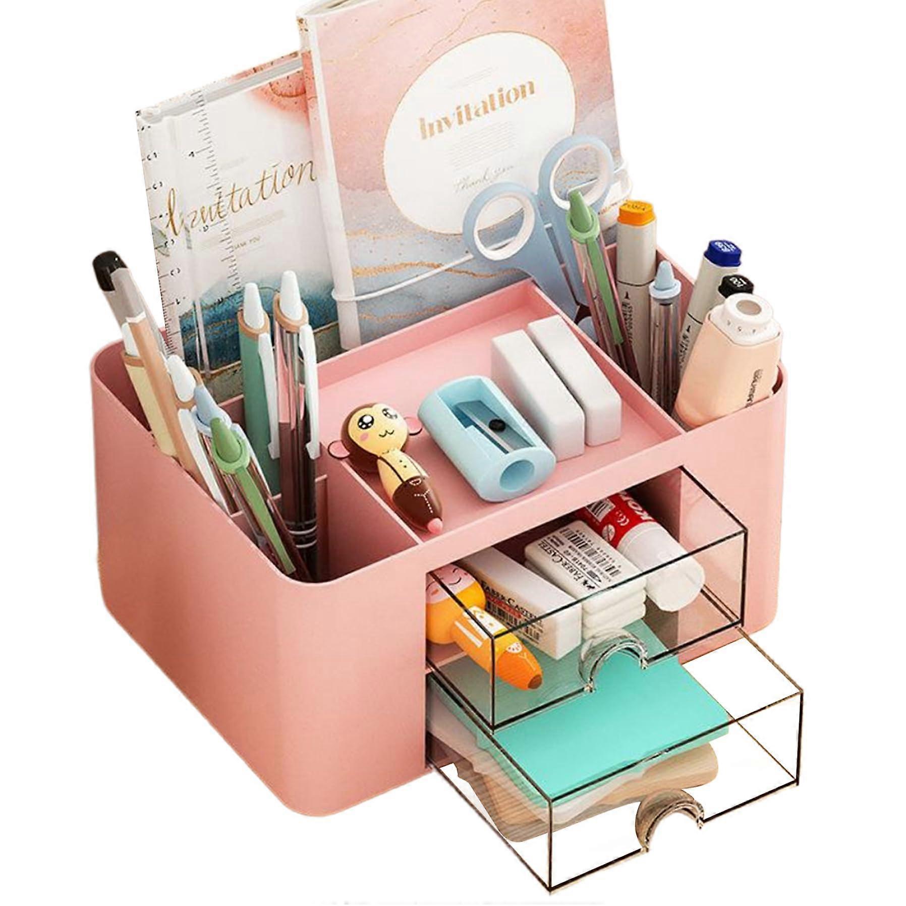 Pencil Holder Desk Organiser with 5 Drawers, Large Capacity Plastic Desktop Organiser for Home Office and School Supplies