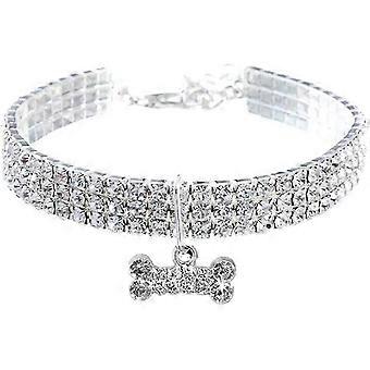 Adjustable Pet Collar with Diamonds, Elastic Bone Pendant for Cats & Dogs