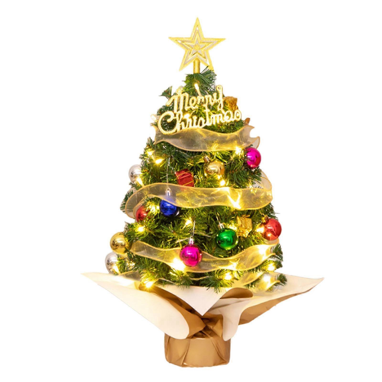 Tabletop Mini Christmas Tree Set with Clear LED Lights, Star Treetop & Ornaments for Holidays