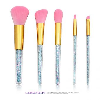 Veeki 5pcs makeup brush set, blue particle transparent handle eye brush particle loose powder brush eyebrow brush beauty tools
