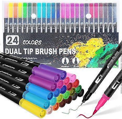 Dual Brush Markers, 24 Color Art Markers with Fine and Brush Tips