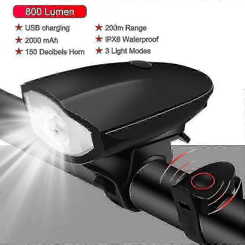 3 Modes Bicycle Front Light With Super Loud Bell Horn Usb Led Headlight Cycling Flashlight