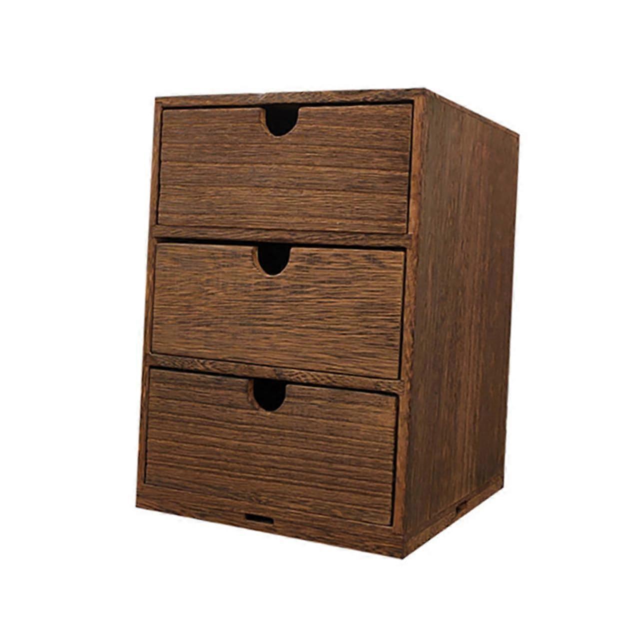 Wooden Multilayer Storage Drawer Box Lock Desktop Organizer For Home Office Brown Finish Large Capacity Easy PullOut