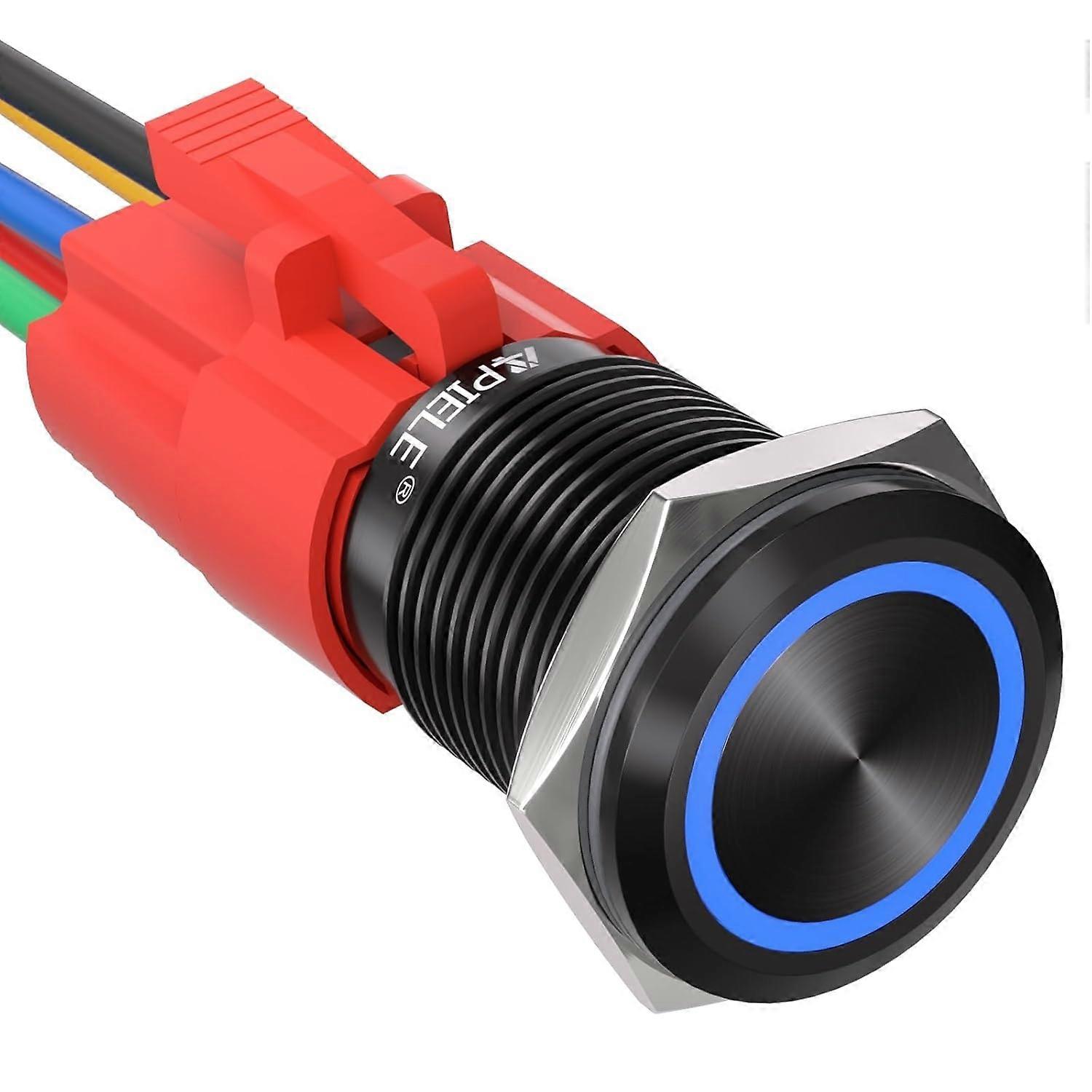 16mm Latching Push Button Switch 12V DC On Off Black Shell with LED Angel Eye Head for 0.63" Mounting Hole with Wire Socket Plug Self-Locking (Blue/Bl