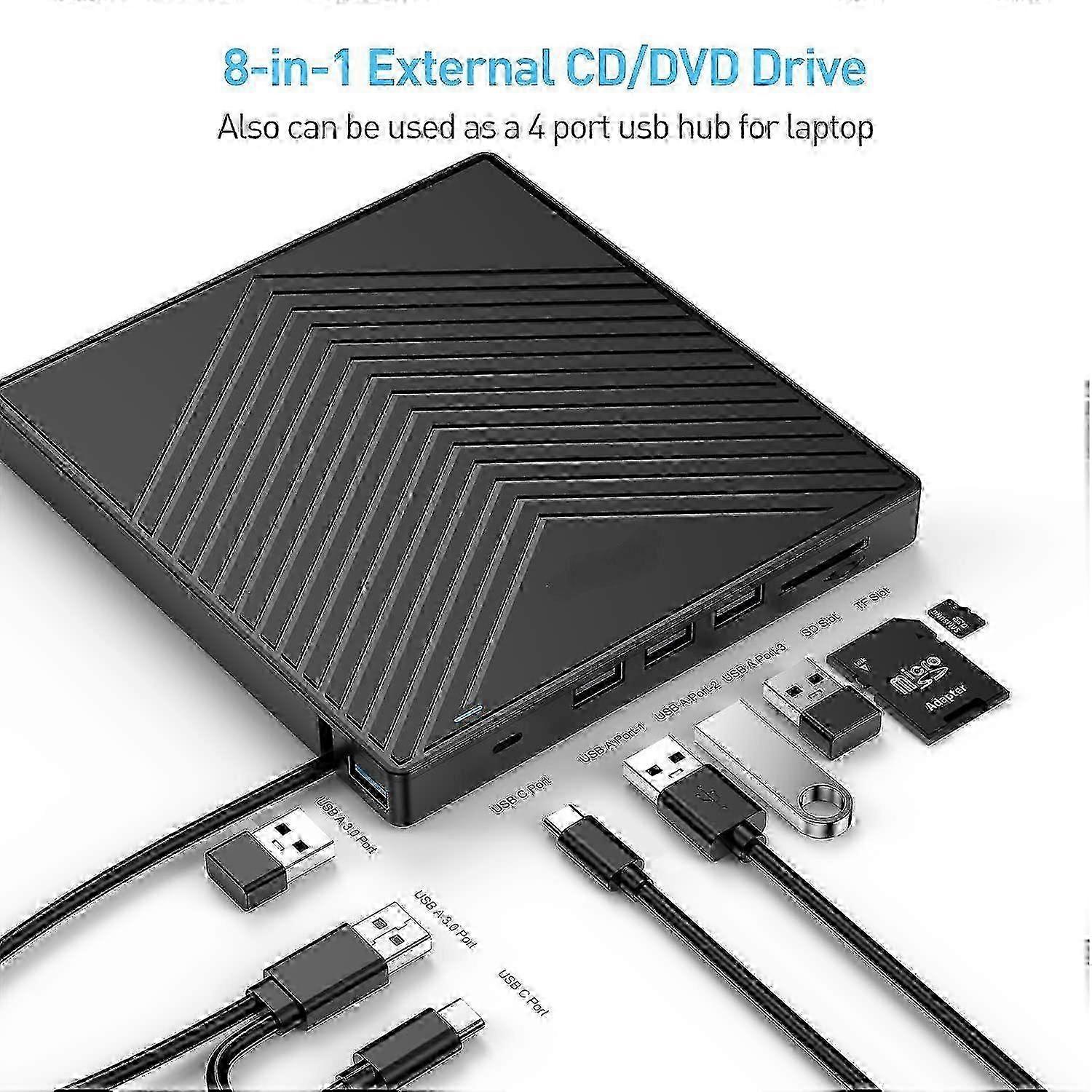 Ultra Slim External CD DVD Drive With 8 In 1 Usb Hub, Plug And Play Optical Disk Drive For Macbook Imac Notebook Desktop Laptop, Windo