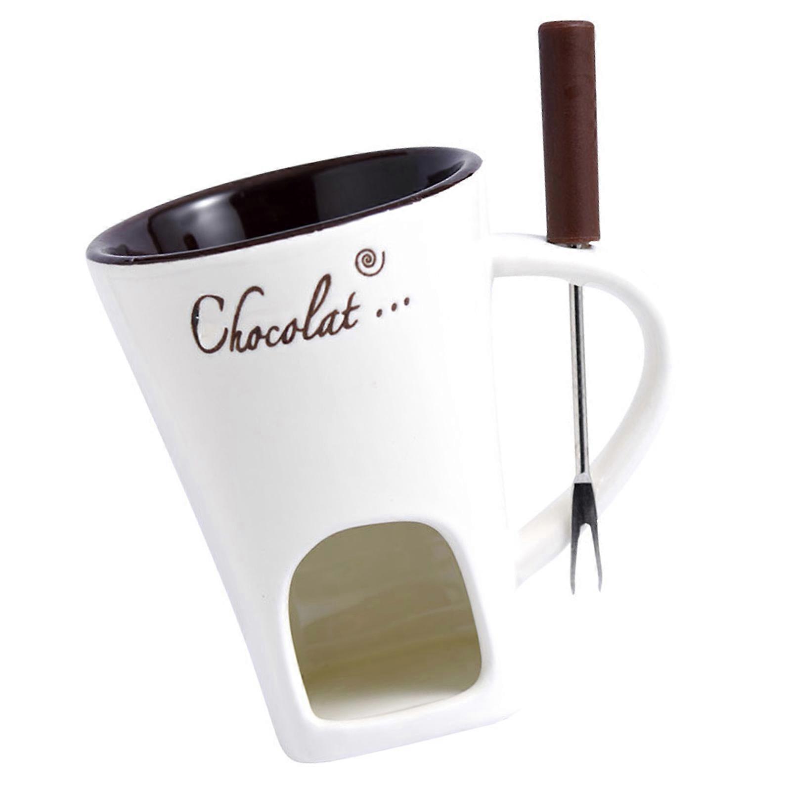 Multipurpose Fondue Coffee Cup Convenient Chocolate Fondue Mug For Home Use With Fork And Tealight Holders  White