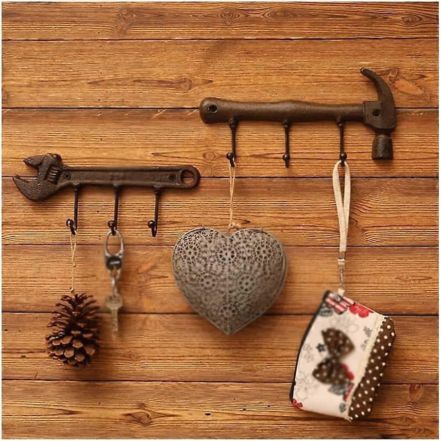 Coat Rack Wall Mounted with 3 Hooks, Retro Hammer Shape Key Holder for Entryway Storage (Color C)