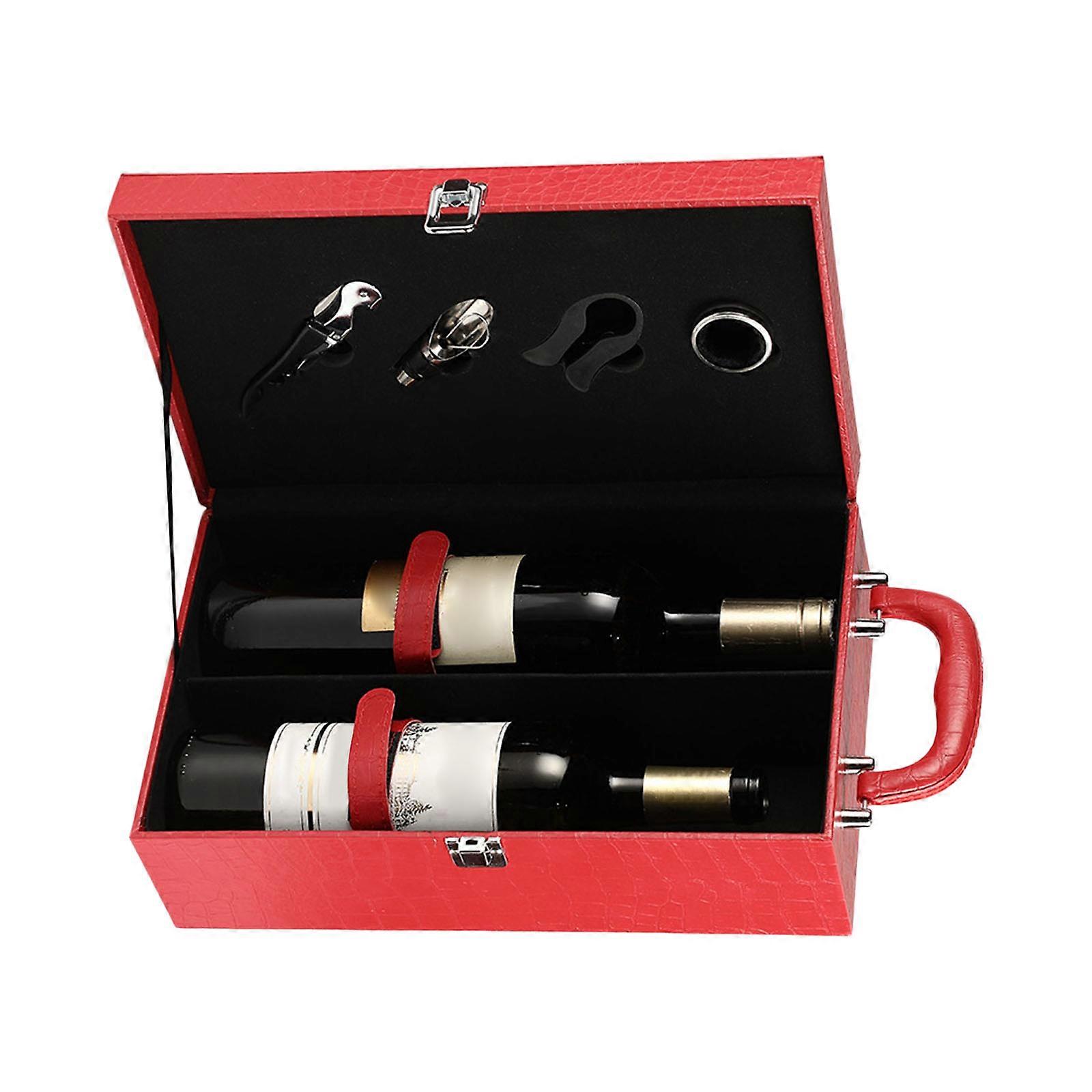 Elegant PU Wine Box for 2 Bottles Slip Handle Reinforced Corners Perfect for Transporting Collections  Red