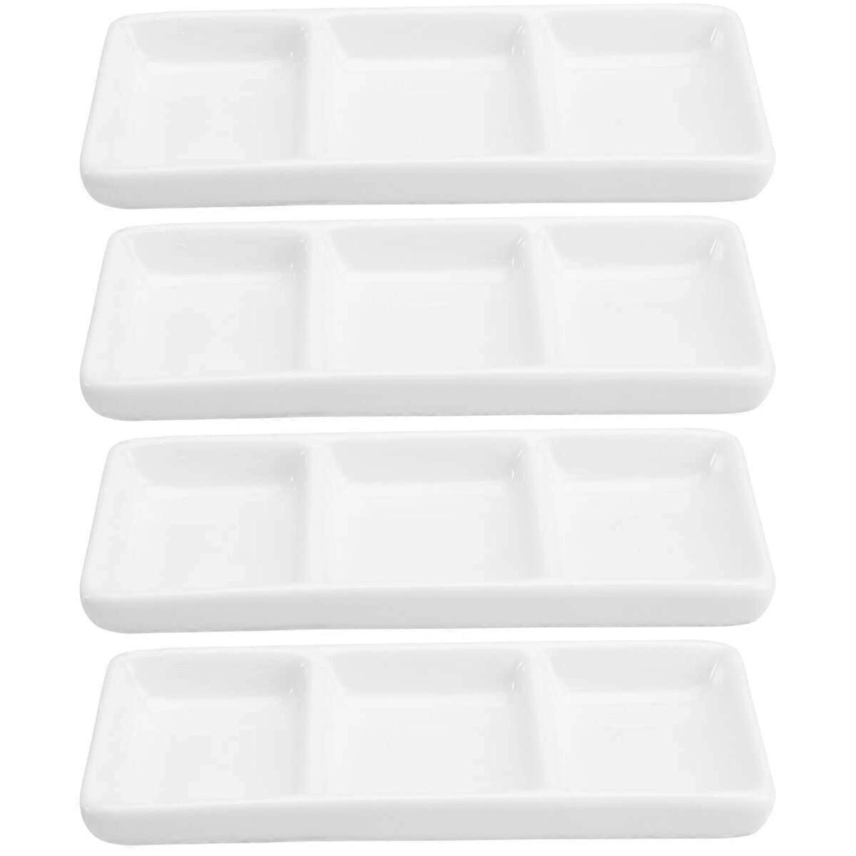 White Ceramic Serving Tray Set of 4, 6 Inch Rectangular 3Compartment Appetizer Plates for Kitchen or Restaurant