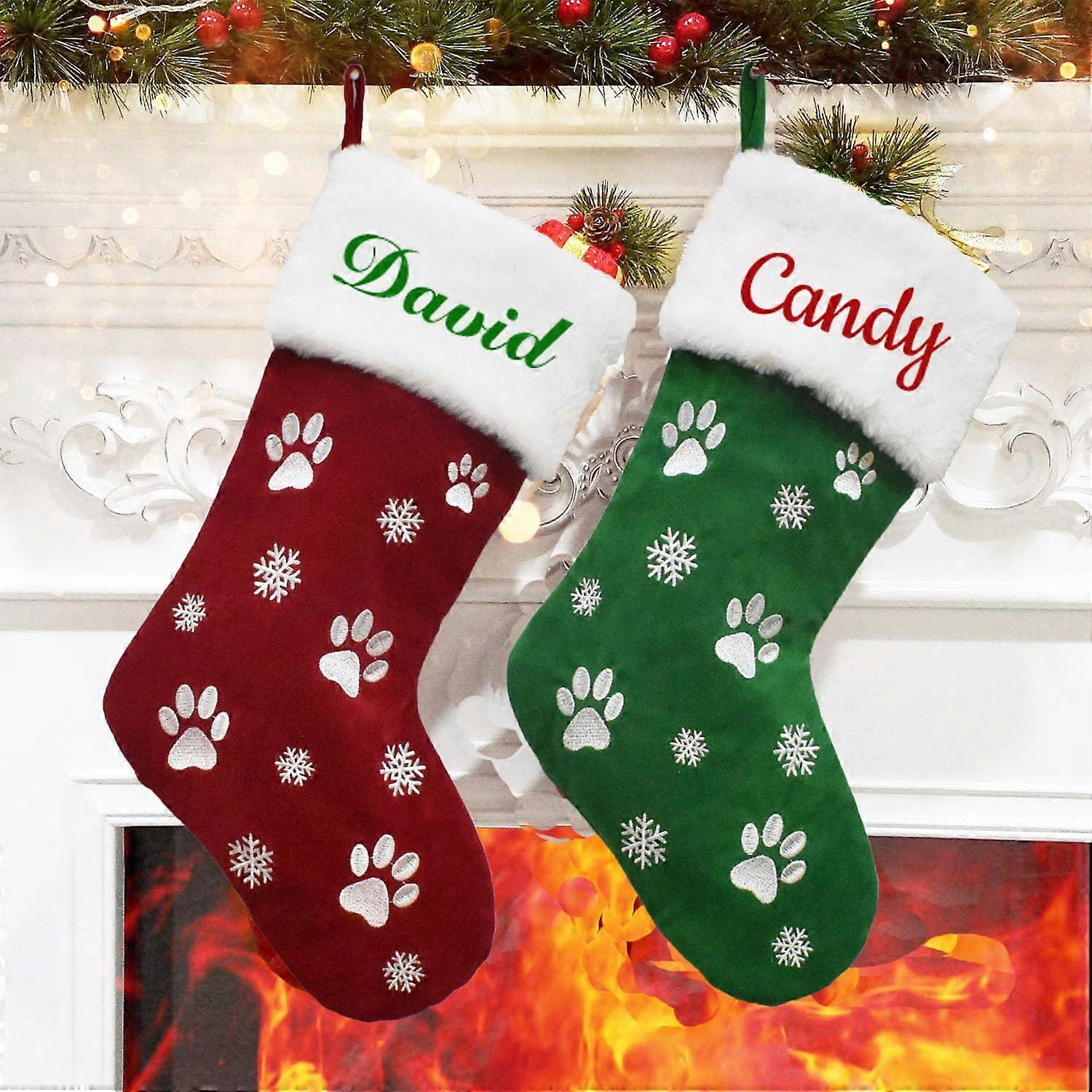 Christmas Stocking with Custom Embroidered Name, Plush Pet Paw and Bone Hanging Decor for Fireplace Holiday Xmas (1 Pack, Red Green Paw)
