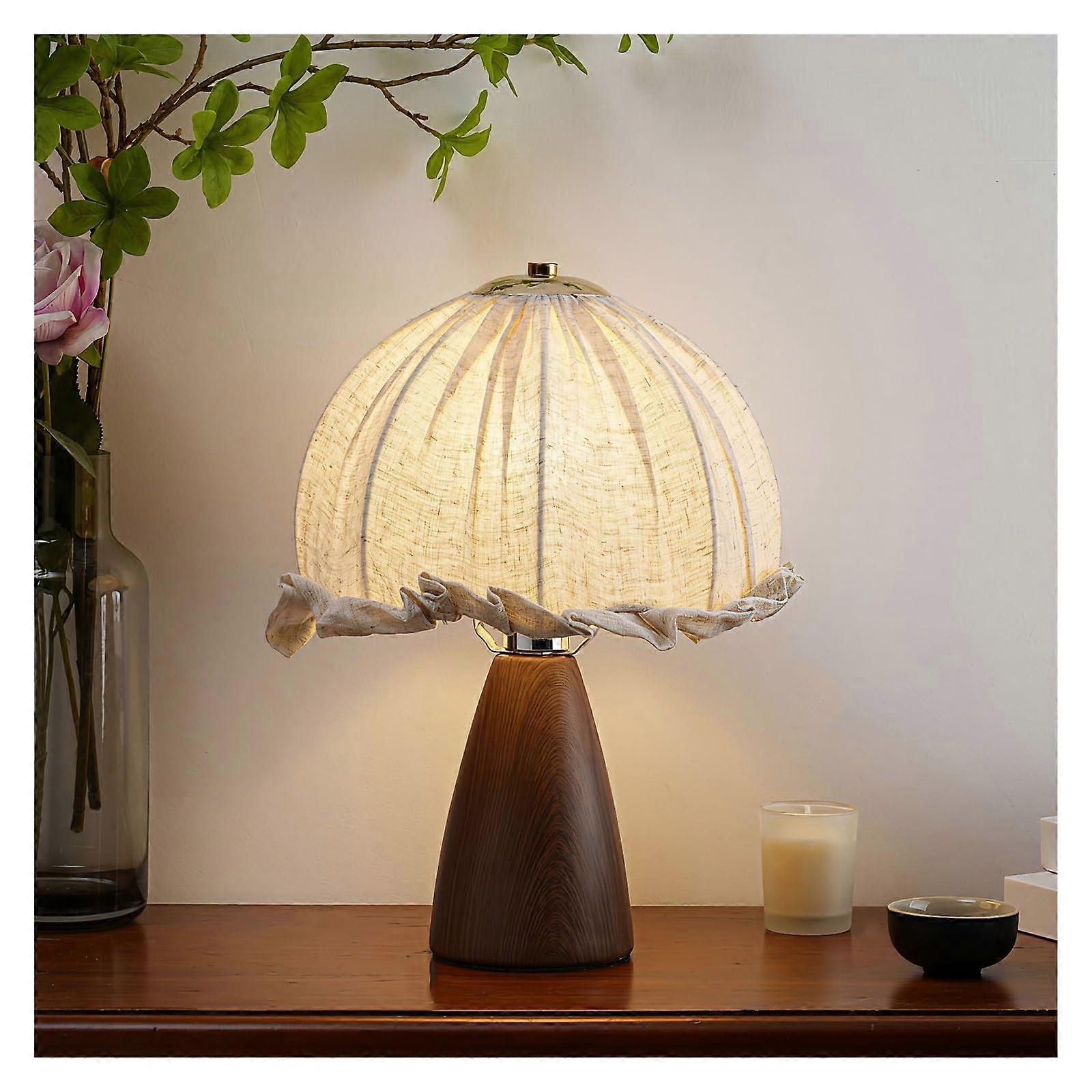 Rustic Wooden Table Lamp with Fabric Shade, Touch Control LED Bedside Light for Bedroom and Office