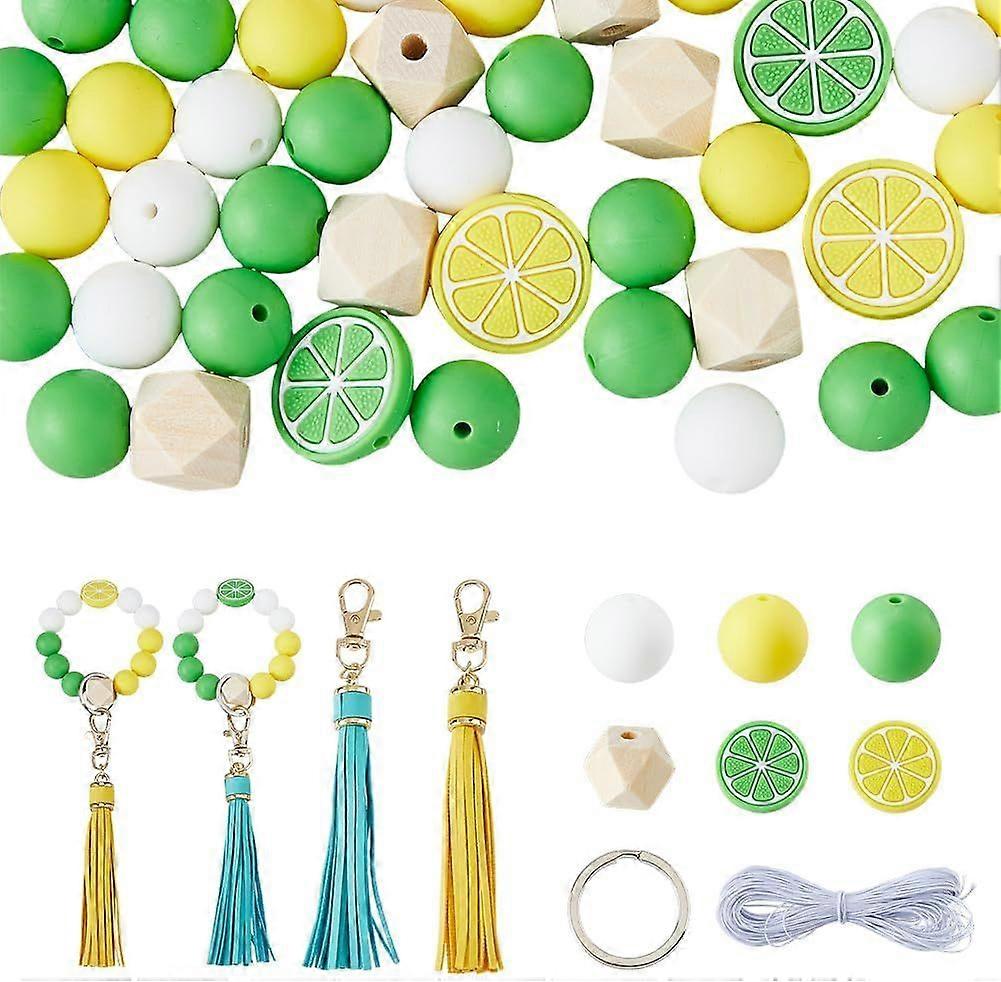 Silicone Beads for Keychain Making Kit 30Pcs Round Silicone Beads 10Pcs Wood Polygon Beads 4Pcs Lemon Silicone Beads with Elastic Cord Key Rings and T