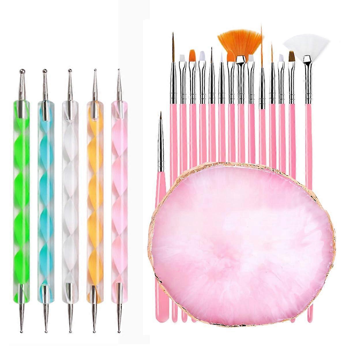 21 Pcs Double Ended Nail Art Brushes with GoldEdged Resin Palette for Professional Manicure