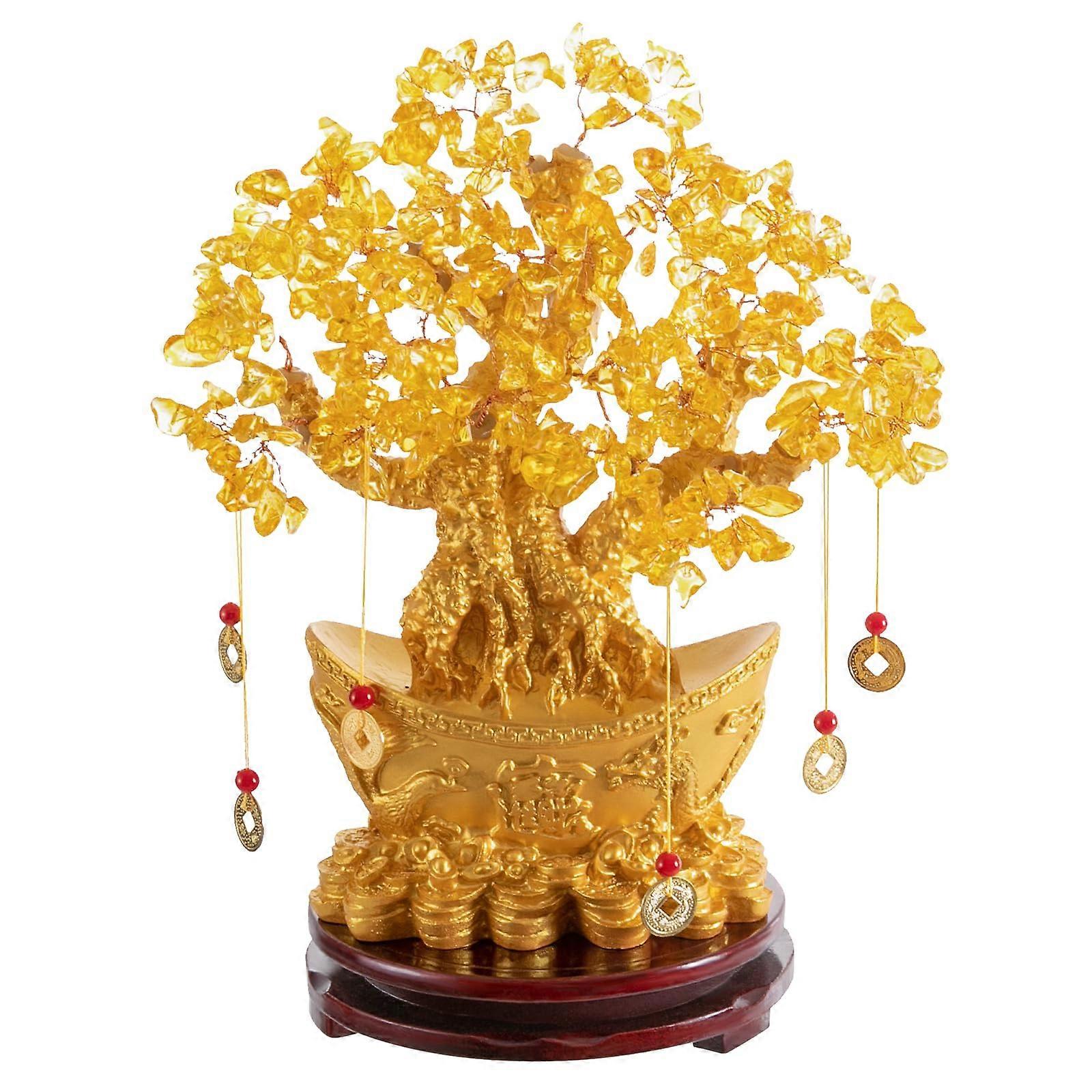 Feng Shui Money Tree with Crystal Leaves and Wooden Base for Wealth and Luck 32cm Decor