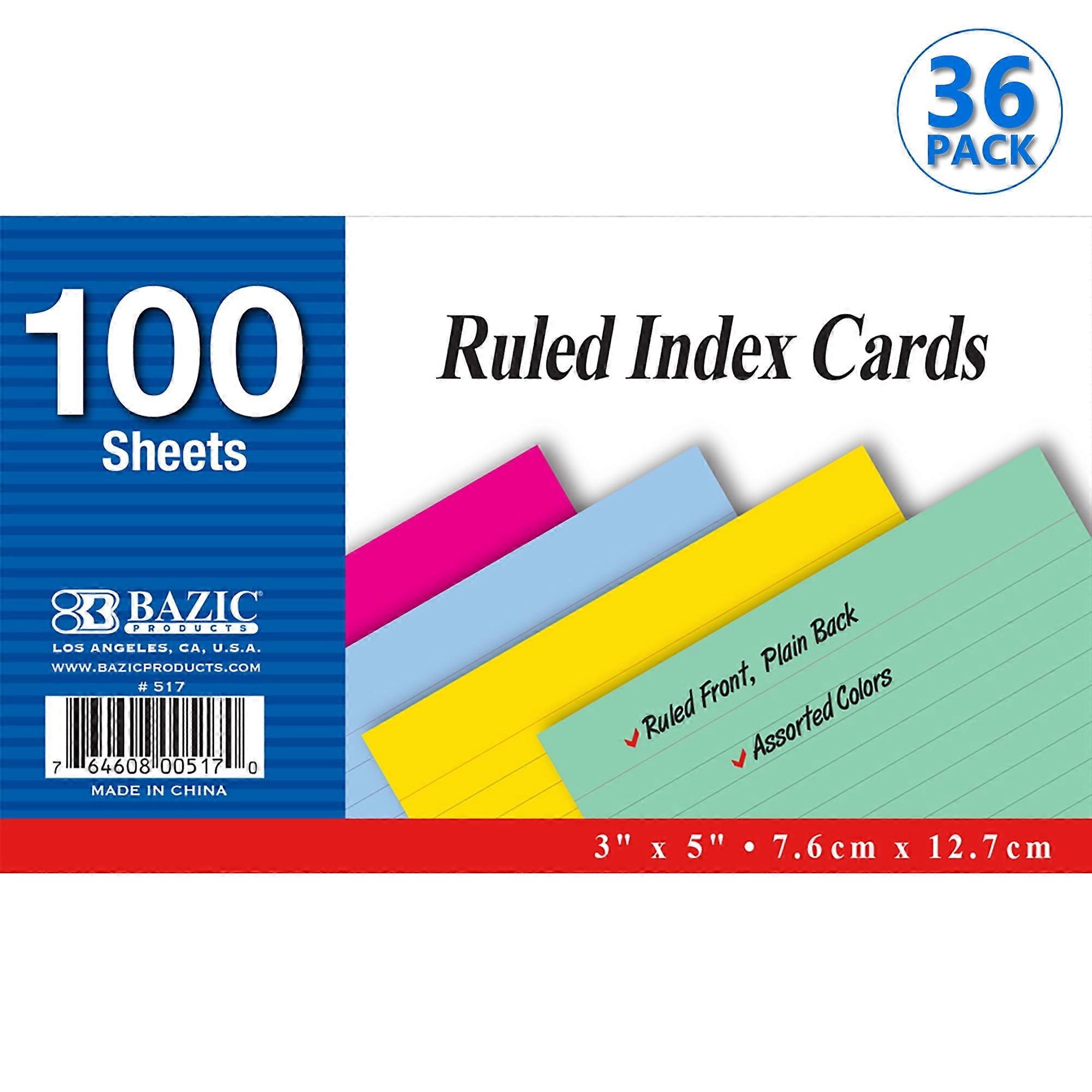 BAZIC Ruled Index Cards 3"X5" 100 Count, Assorted Color Ruled Lined Flashcards, 36-Packs