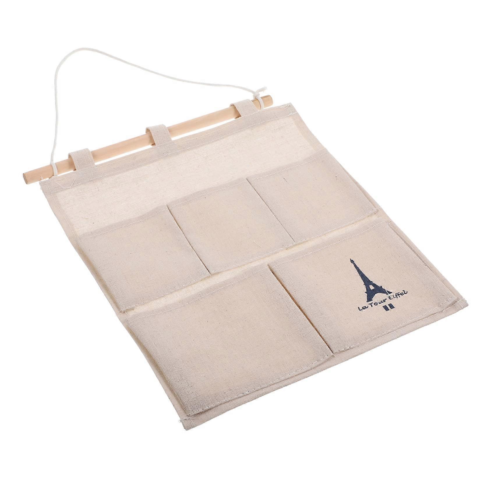 Wall Hanging Storage Organizer, Cotton Linen MultiPocket Bag with Wooden Support for Home and Dorm