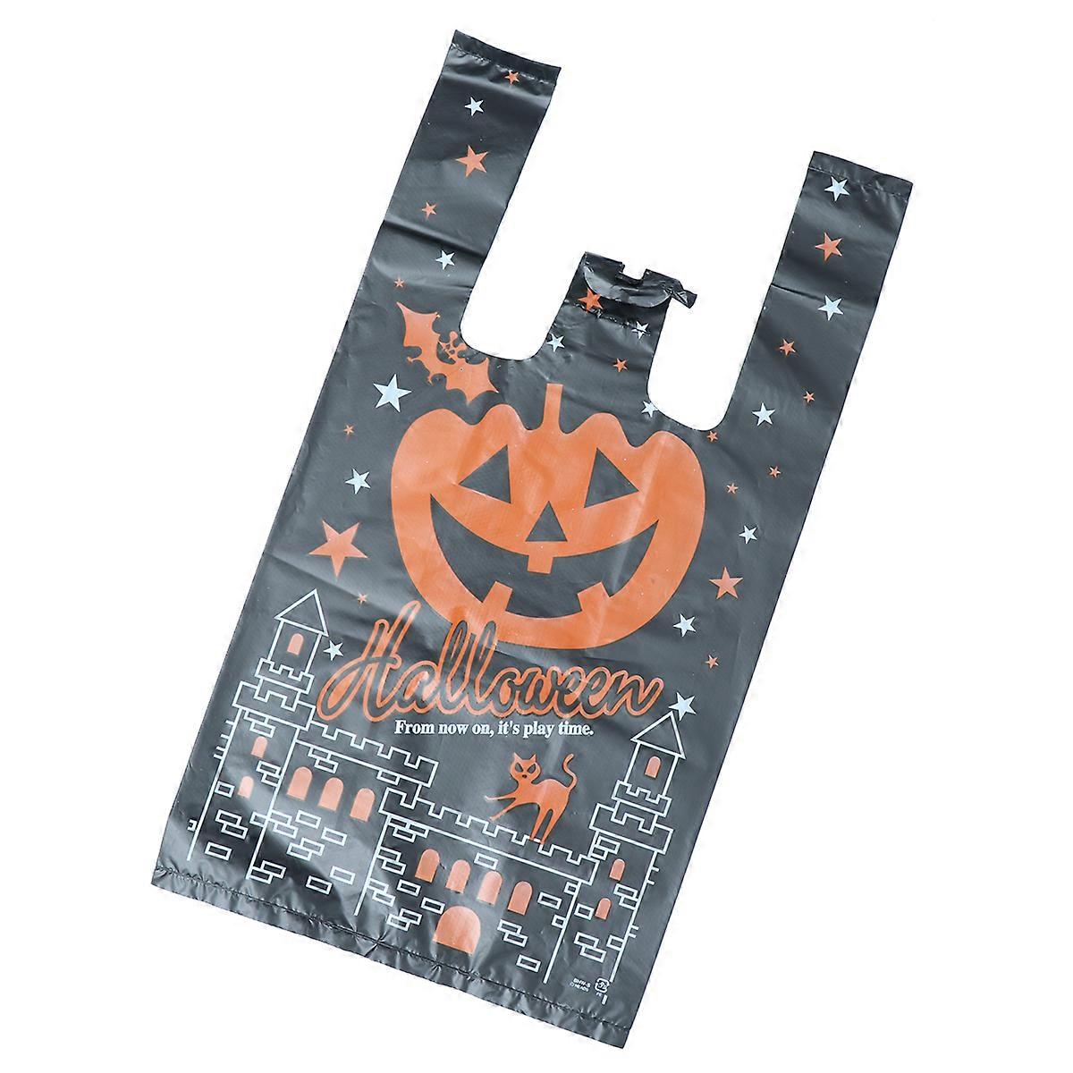Halloween Plastic Bag with Handles Pumpkin Design for 50Pcs Storage Use