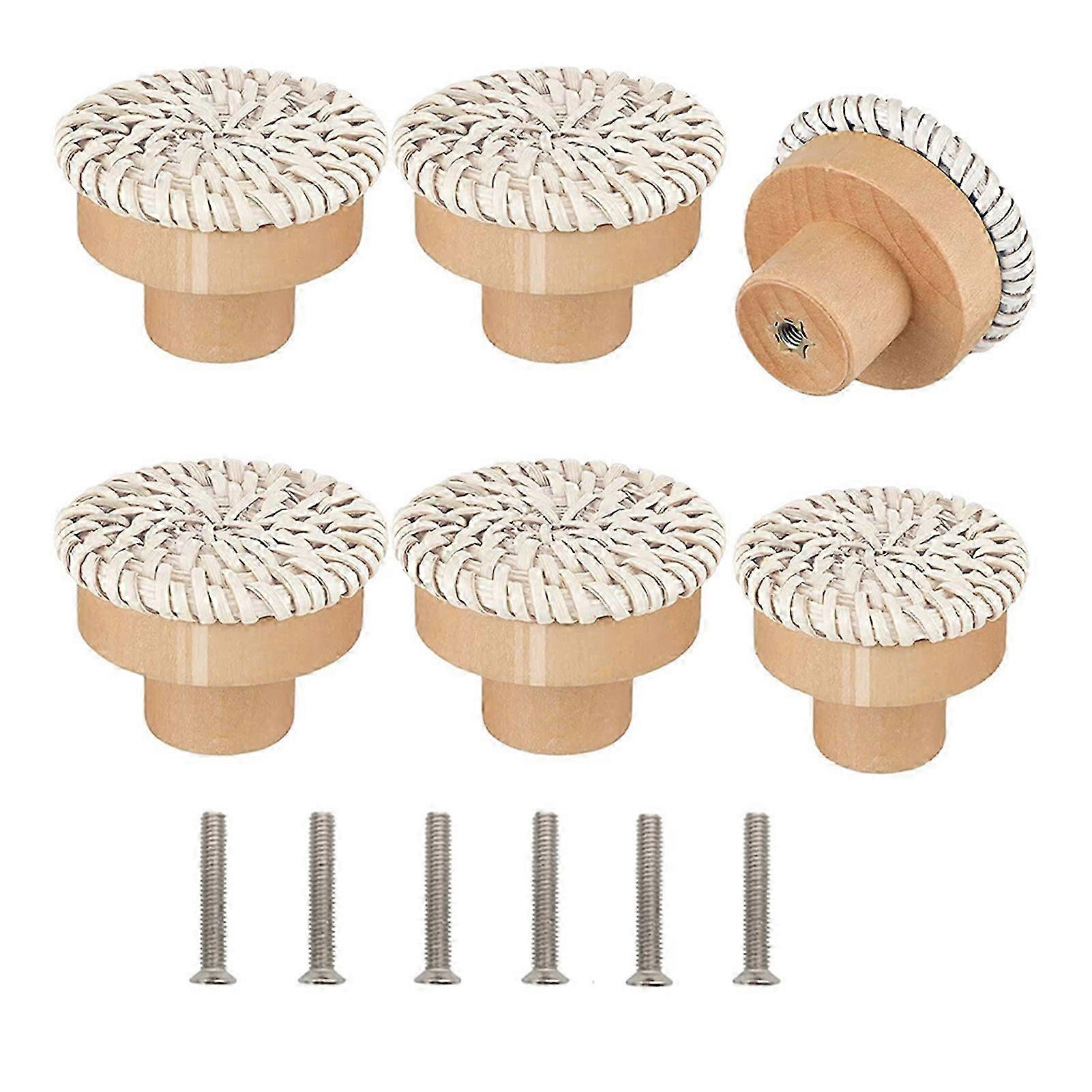 25-26 Wood Drawer Knobs Rattan Cabinet Knobs with Screws for Cupboard Boho Furniture