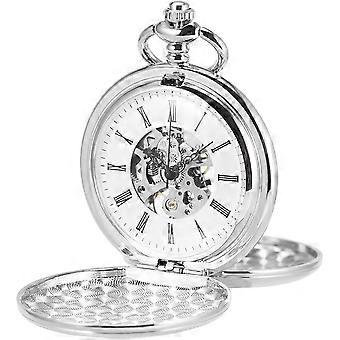 Pocket Watch Mechanical Skeleton Hand Wind Full Hunter Watch with T-Bar Chain +