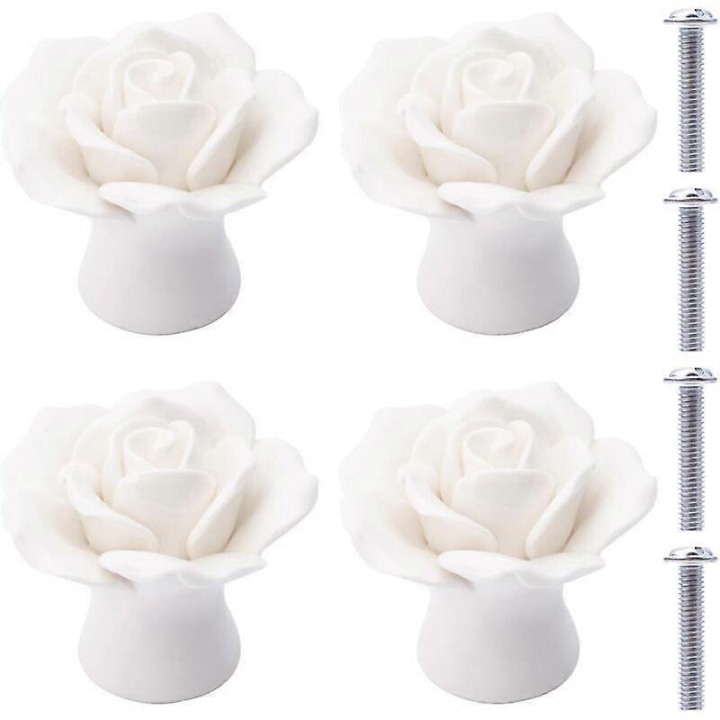 Set of 4 ceramic knobs  Rose-shaped ceramic drawer pulls  (White)