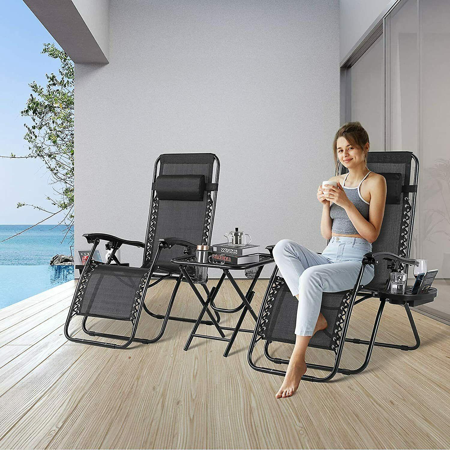 2PC Garden Sun Lounger Set with Table Folding Flexible Adjustable