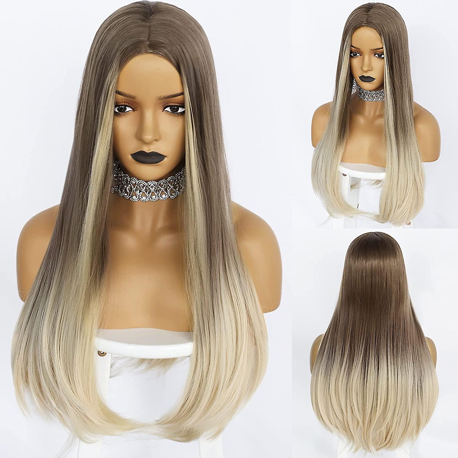Long Straight Blonde Ombre Wig for____n with Middle Part Synthetic