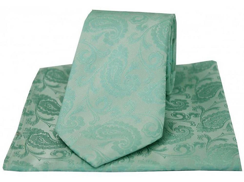 David Van Hagen Luxury Paisley Tie and Handkerchief Set - Cyan Green