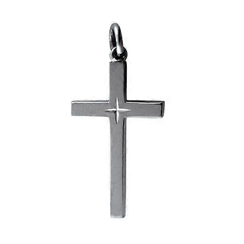 9ct White Gold 30x18mm diamond cut star solid block Cross